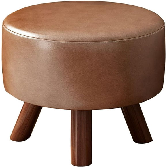 Round Leathers Footrest Stool, Upholstered Ottoman Coffee Table Padded Foot Stools with Solid Wood Legs for Hallway Bedroom Living Room