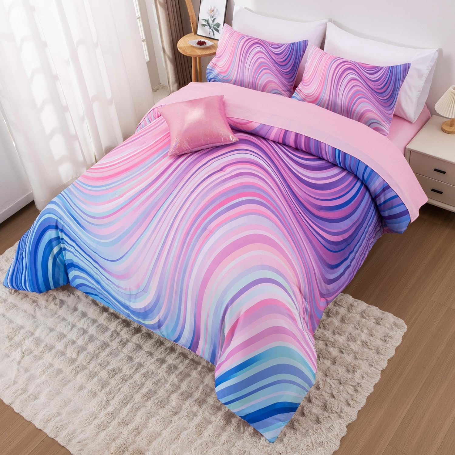 6 Pieces Gradient Star Ring Comforter Set, Colorful Glitter Rainbow Wave Stripes Pattern Bedding Set for Boys Girls Teens, Twin Drak Purple