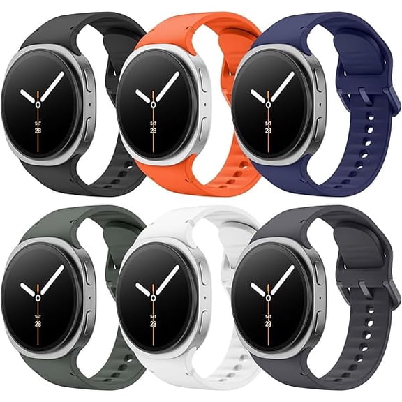 6 Pack Sport Bands Compatible for Samsung Galaxy Watch 8 Band 40mm 44mm/Galaxy Watch 8 Classic 46mm, No Gap Soft Silicone Strap for Men Women, M/L, BLK WH SG AG MB O