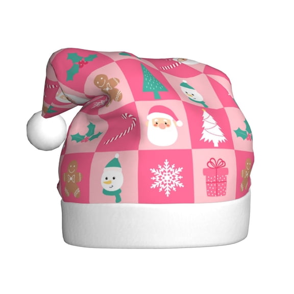 Kowoue Pink Christmas Cheer Pattern Santa Hat Christmas Hats for Adults, Holiday Unisex Velvet Comfort Xmas Hat for Women Men