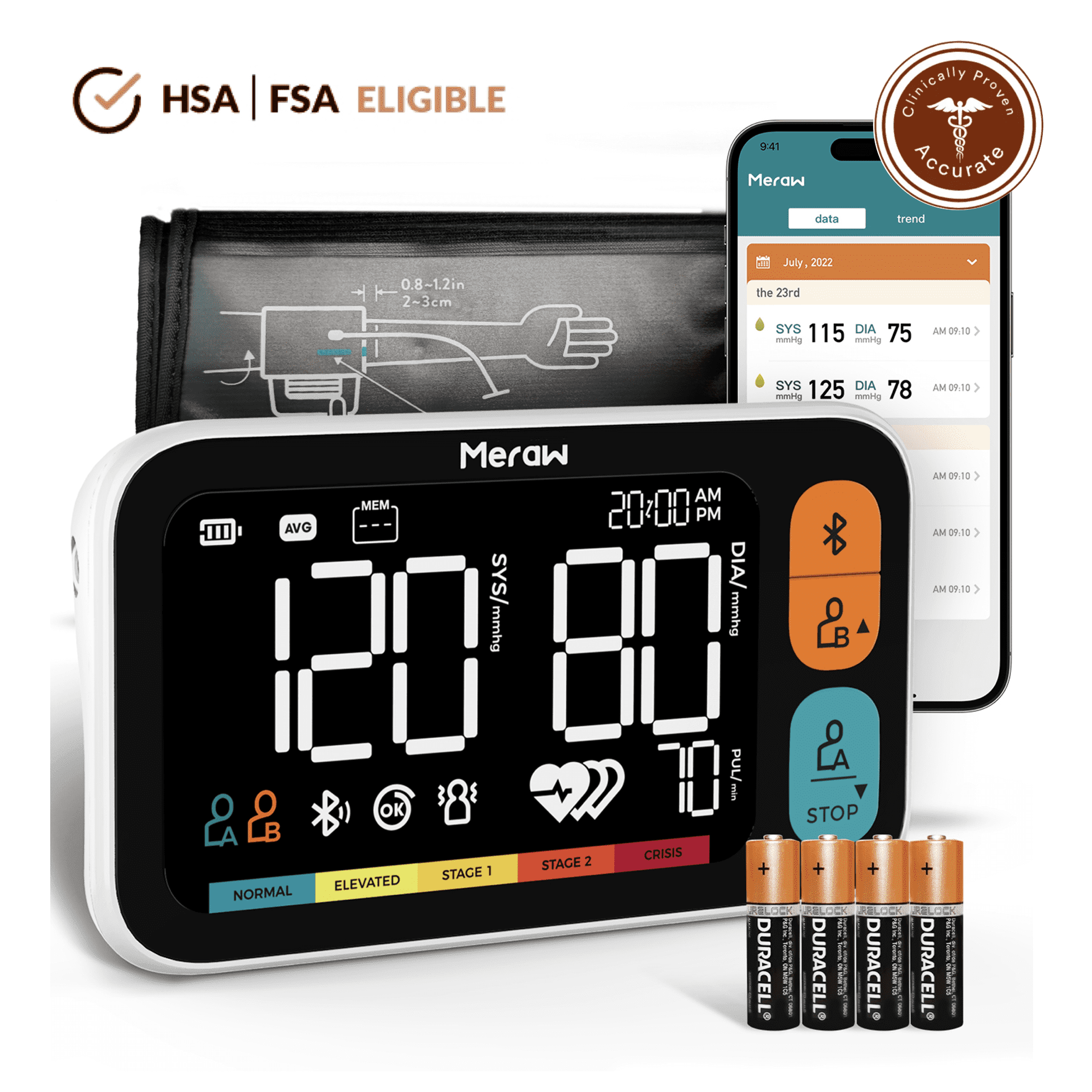Meraw Blood Pressure Monitor for Home Use, Automatic, Bluetooth App, Dual User, Large Cuff 8.6–16.5", Irregular Heartbeat Detection