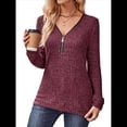 thumbnail image 3 of Suéter Holgado de Punto Acanalado con Cuello de Media Cremallera para Mujer, Blusas Casuales de Larga de Color Liso, Blusas Cómodas y Cálidas Vino Tinto M, 3 of 10