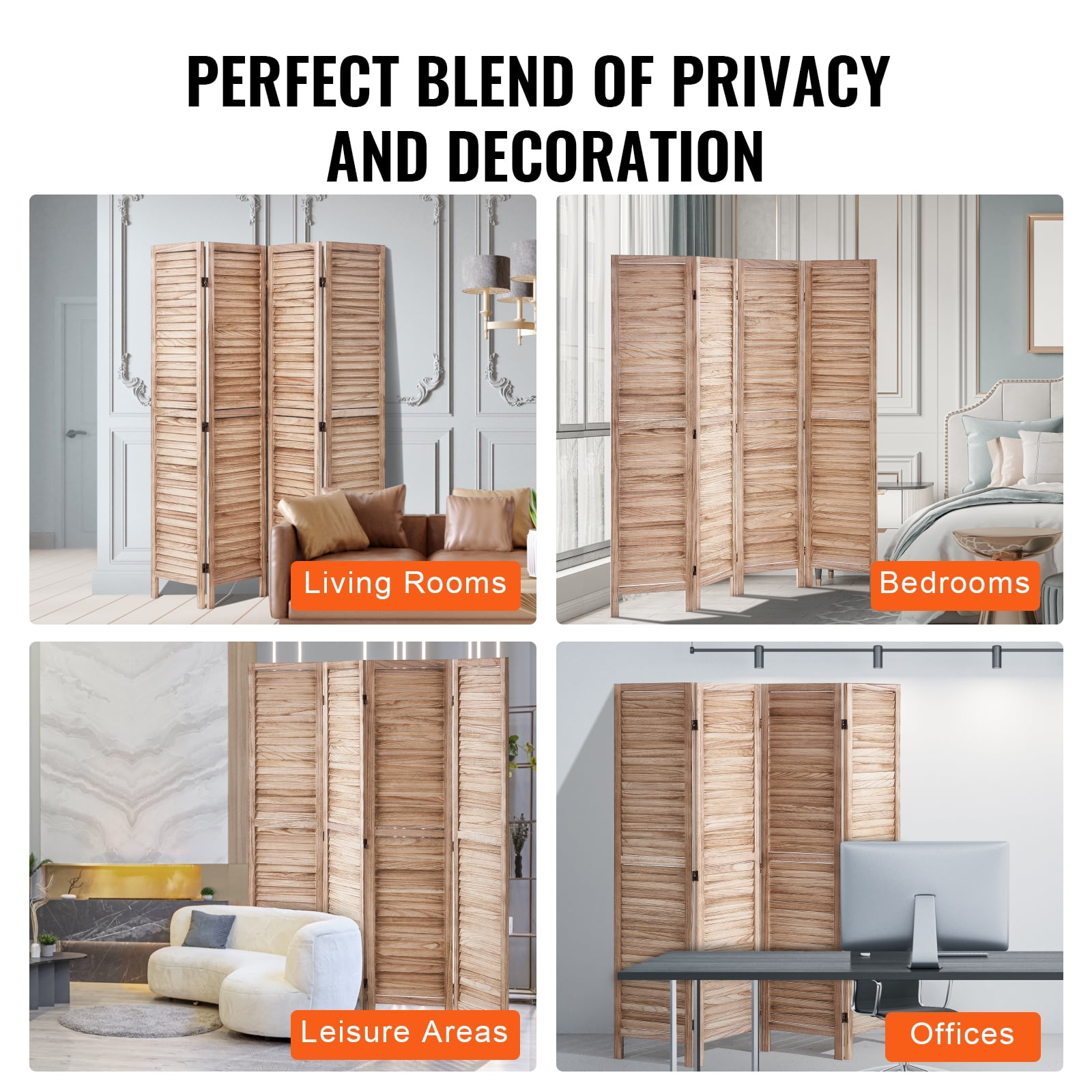 VEVOR Wood Room Divider, 4 Panel Wood Folding Privacy Screen, 66.9 Inches&nbsp;Tall Indoor Louvered Wooden Partition, Portable Decoration Screen, for Room Separation,&nbsp;Office