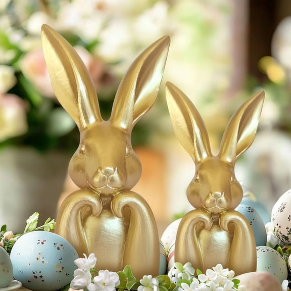 2PCS Mini Golden Easter Bunny Figurines - Vintage Resin Rabbit Sculptures for Spring Home Decor, Gold Brass-Style Bunny Ornaments for Table Centerpiece, Mantel & Shelf Decorations