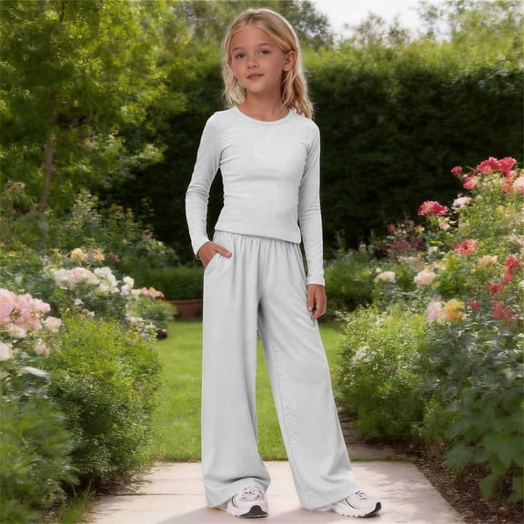UACY Girl's 2 Piece Matching Lounge Set Long Sleeve Side Ruching Top Wide Leg Drawstring Pants Set with Pockets