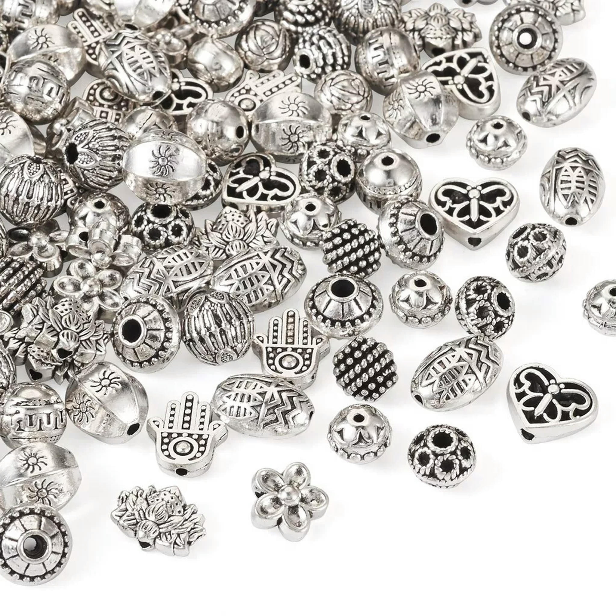 EOEMY 130Pcs Antique Silver Rondelle Barrel Flower Tibetan Style Alloy Beads 7.5~12mm
