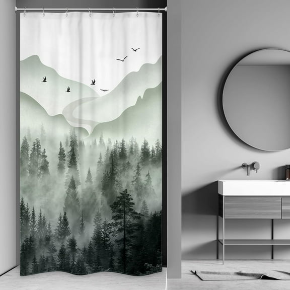 Green Small Stall Shower Curtain for Bathroom Decor 36Wx72H Half Narrow Rv Mens Nature Smoky Tree Misty Woodland Foggy Mountain Art Printed Fabric Polyester Waterproof 7 Pack Plastic Hooks