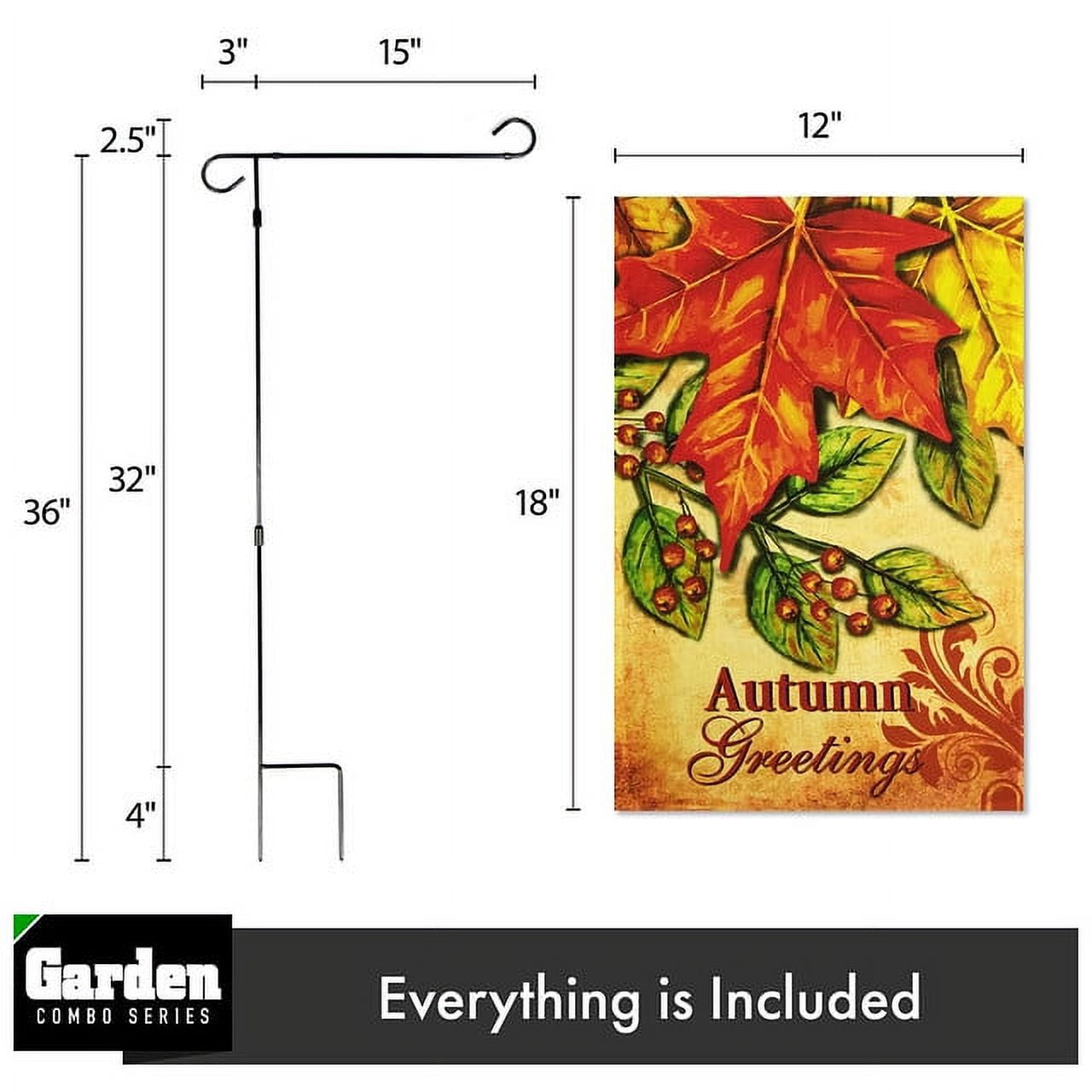 G128 Combo Pack: Garden Flag Stand Black 36x16IN & Garden Flag Autumn Greetings Large Maple Leaf 12x18IN