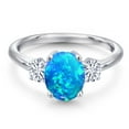 thumbnail image 3 of Gem Stone King 925 Sterling Silver Simulated Blue Opal and White Moissanite Engagement Ring for Women | 1.02 Cttw | Oval Cabochon 9X7MM | Gemstone October Birthstone | Size 5, 3 of 7