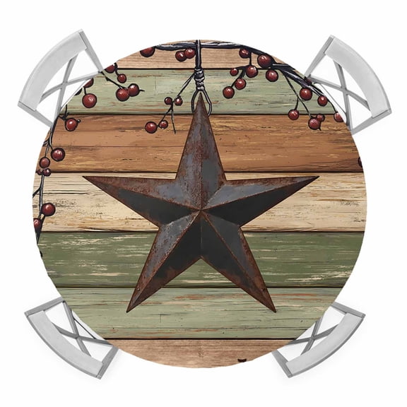 Sage Green Brown Texas Star Round Fitted Tablecloth with Elastic Edge, Waterproof Table Cloth Table Cover for 55"-60" Tables, Retro Country Star Farmhouse Wooden Tablecloths for Dining Picnic Outdoor