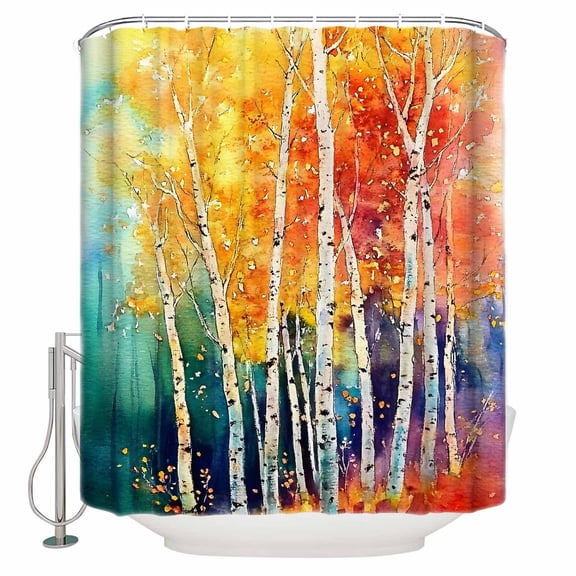 Small Stall Shower Curtain 48x72 Inch Narrow Half Size Orange Yellow Forest Bath Curtains Bathroom Decor Abstract Watercolor Leaf Branch Waterproof Fabric Shower Curtain Set with Hooks 48 Inch
