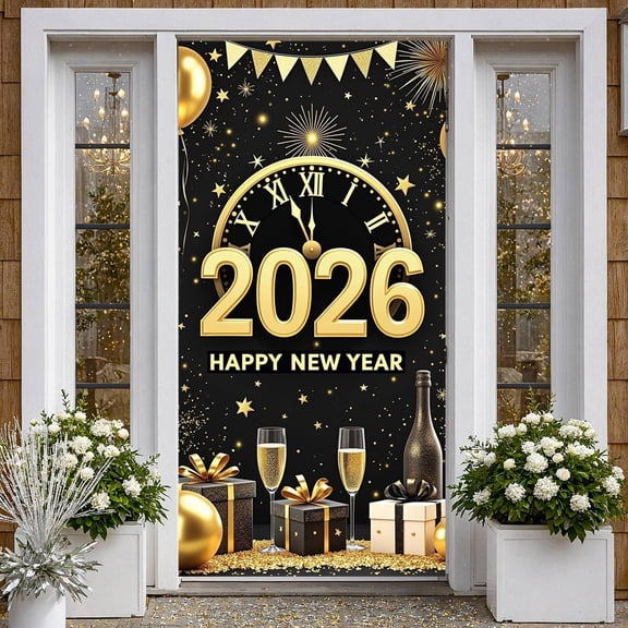 Golden Theme Happy New Year Banner Clock Design 2026 New Year Display Firework Decor Gift Box Pattern New Year Backdrop for New Year Party 2026 Celebration Holiday Gathering