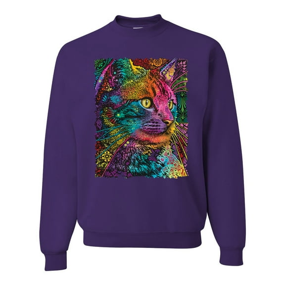 Colorful Cat Portrait | Cat Lover Owner | Dean Russo Art Animal Lover Unisex Crewneck Sweatshirt, Purple, L