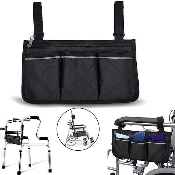 1Pc/2Pcs/3Pcs Wheelchair Side Storage Bag, Wheelchair Side Organizer Storage Bag, Wheelchair Pouch Bag with Cup Holder, Armrest Accessories fit for Most Rollator, Walkers,Electric Wheelchairs, Black