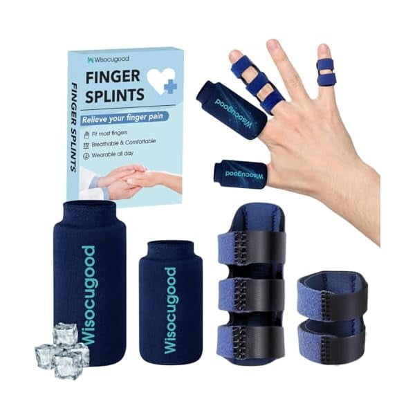 wonima44 Trigger Finger Splint and Cold Gel Ice Pack Set, Thumb Ice Packs for Pain Relief, Finger Brace for Straightening/Arthritis, Fits Index/Middle/Ring Finger(Blue 2+2 Set)