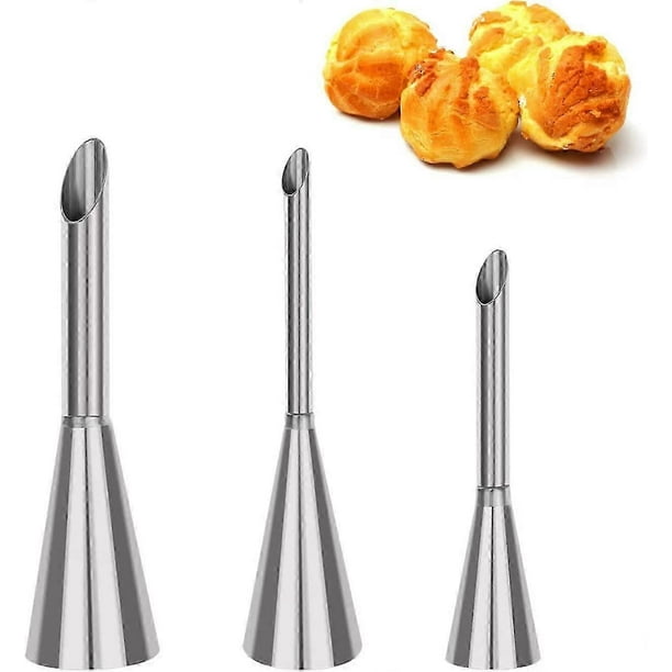 3pcs/set Cream Icing Piping Nozzle Tips, Professional Stainless Steel Long Cream Puff Nozzle Decor Small Pastry Icing Piping Decorating Tools(Silver)