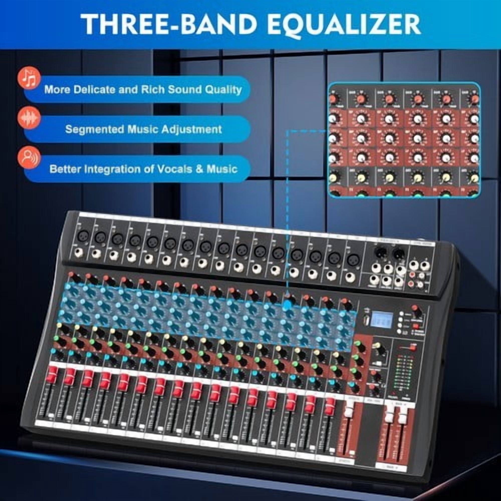 16-Channel Professional Audio Mixer,DJ Mixer Board with Bluetooth,48V Phantom Power, for Live Sound, Recording, Podcast, Karaoke,PC,Compatible with Various Devices,DJ Mixers