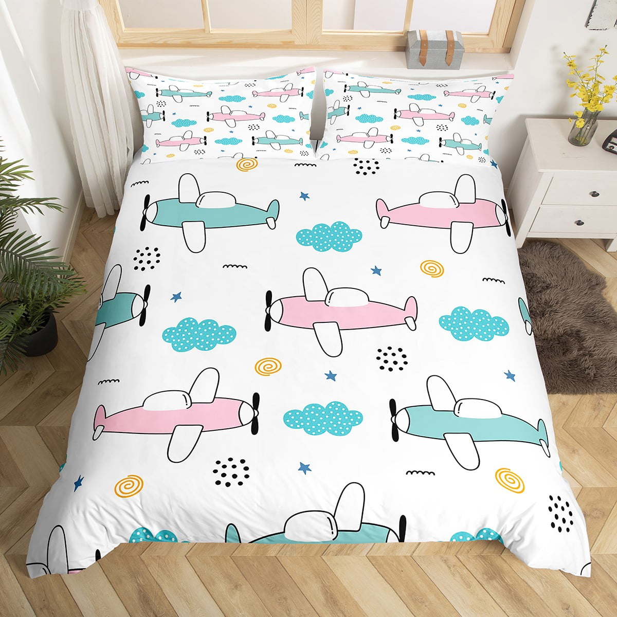 Cartoon Aircraft Duvet Cover Twin, Airplane Bedding Set For Kids Boys Girls, Cute Pink Blue Sky
