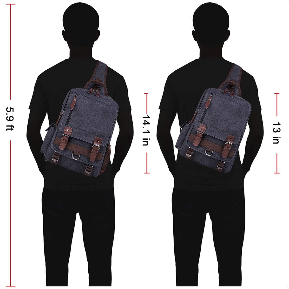 Canvas Cross Body Messenger Bag for Men Women Sling Shouler Backpack Travel Rucksack Black-Large