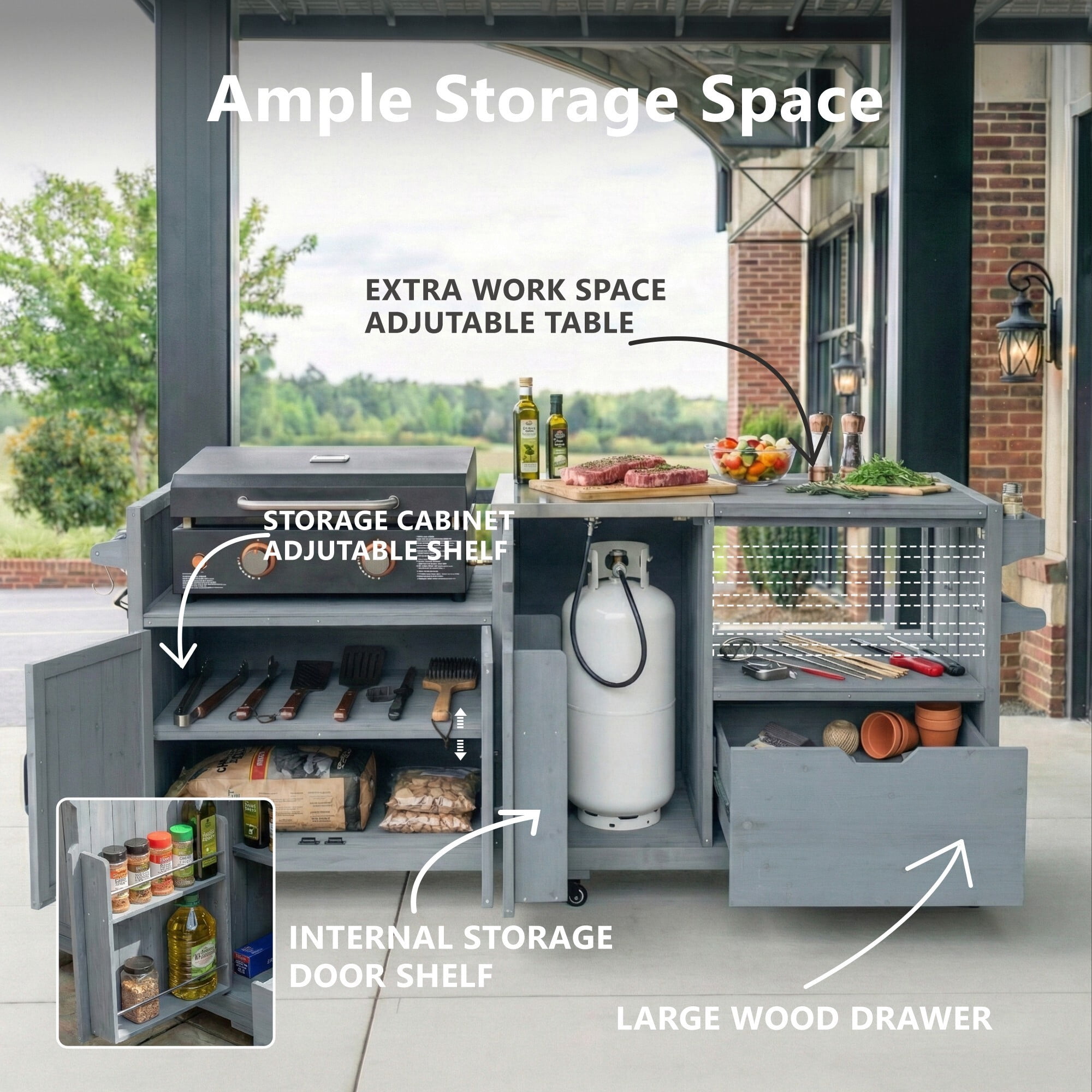 AENKYO 80.5" Outdoor Kitchen Island for Big Green Egg & Blackstone, Wood Grill Cart with Stainless Steel Top, Gray Blue