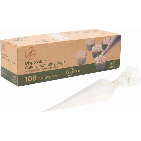 Disposable Piping Bags, Biobased, 21 Inch, Extra Thick Cake Decorating Pastry Bags, Pack of 100 in a Dispenser Box, Clear, Professional Grade for Chefs and Home Bakers