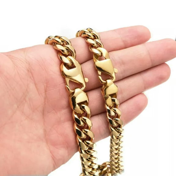 GKNET 10-14mm Hip Hop Stainless Steel Miami Cuban Link Chain Necklace 18K Gold Plated-30 in-14mm