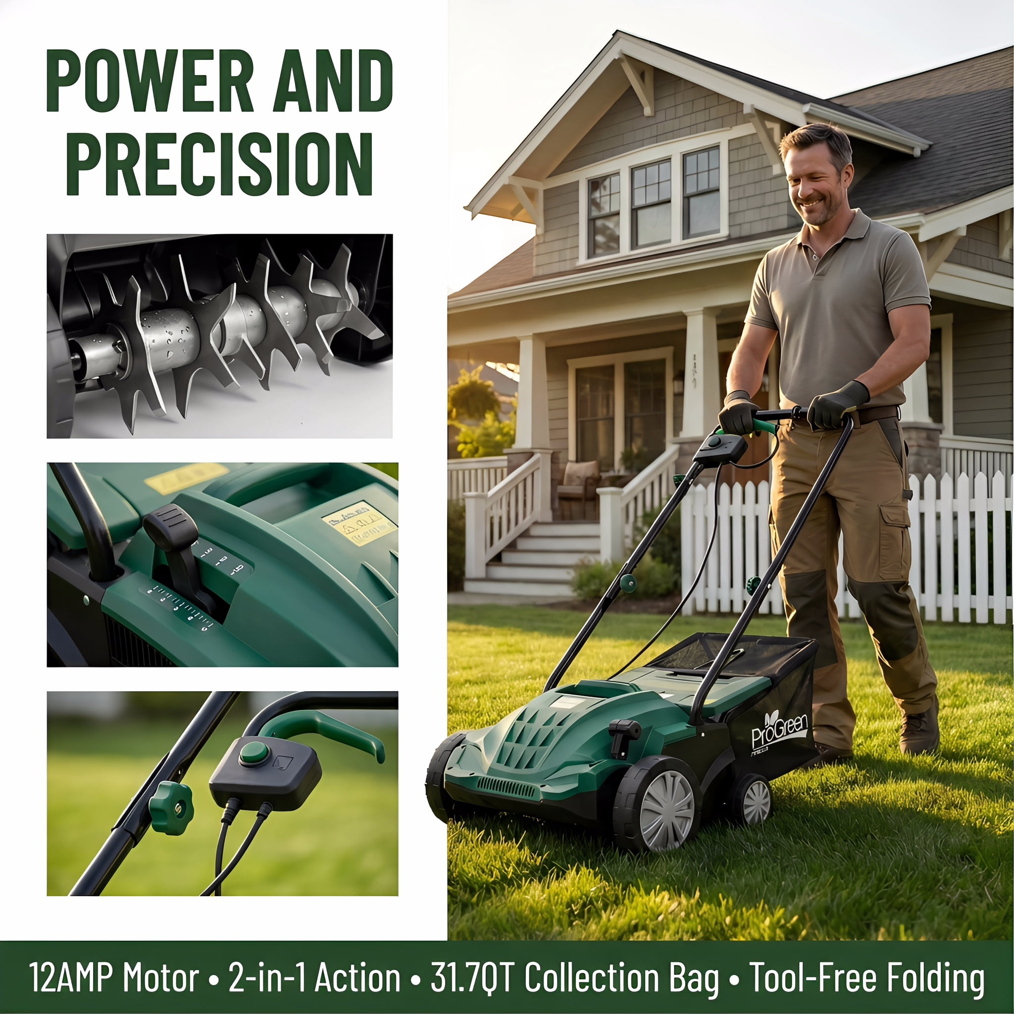 Zateety Electric Dethatcher, 13" 2-in-1 Lawn Scarifier, 12 Amp Corded Dethatcher with 31.7QT Collection Bag, 4 Height Adjustments - Garden Scarifier