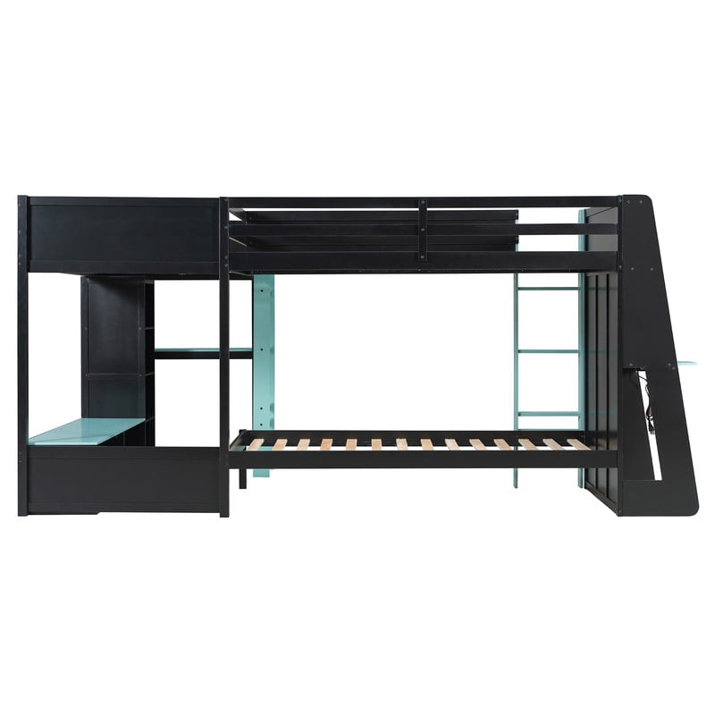 L-Shaped Twin Size Gaming Bunk Bed with RGB LED Lights, 3 Twin Beds, USB Ports, TV Stand & Storage Shelves, Reversible Wooden Bunk Bed Frame for Teens & Adults