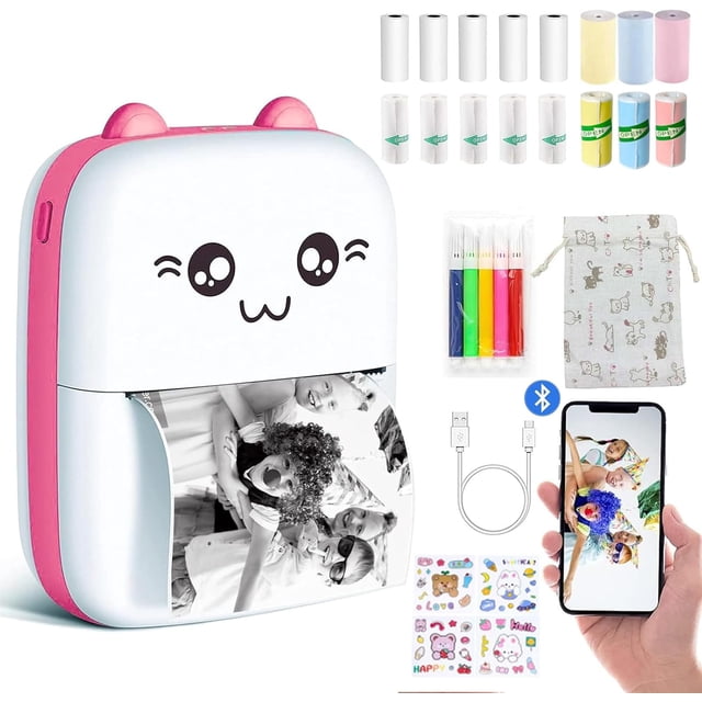 Mini Impresora Termica,Mini Impresora de Etiquetas Adhesivas,Impresora Termica Portatil Bluetooth con 16 Rollos de Papel,bolígrafos de Colores,Ideal para Etiquetas/Notas/Tareas Escolares