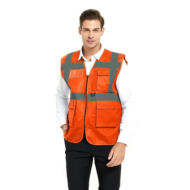 Toptie 5 Pockets High Visibility Safety Vest with Reflective Strips, Working Uniform Vest-Neon Orange-S