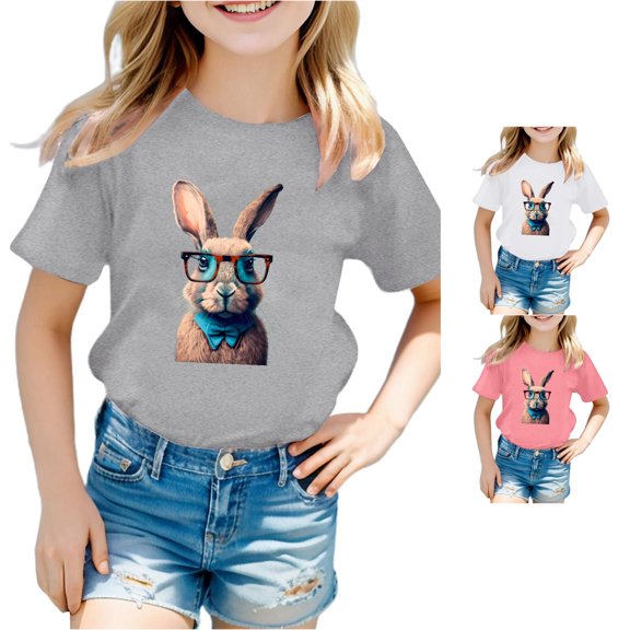 Little Girls' Short Sleeve Graphic T-Shirts Easter Cute Bunny Rabbit Graphic Tops Size 7-8T ,Gray