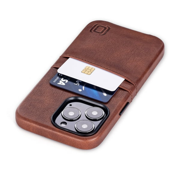 Dockem iPhone 13 Pro Exec M2 Wallet Case; Built-in Metal Plate, 2 Card Slots, Premium Synthetic Leather, Brown