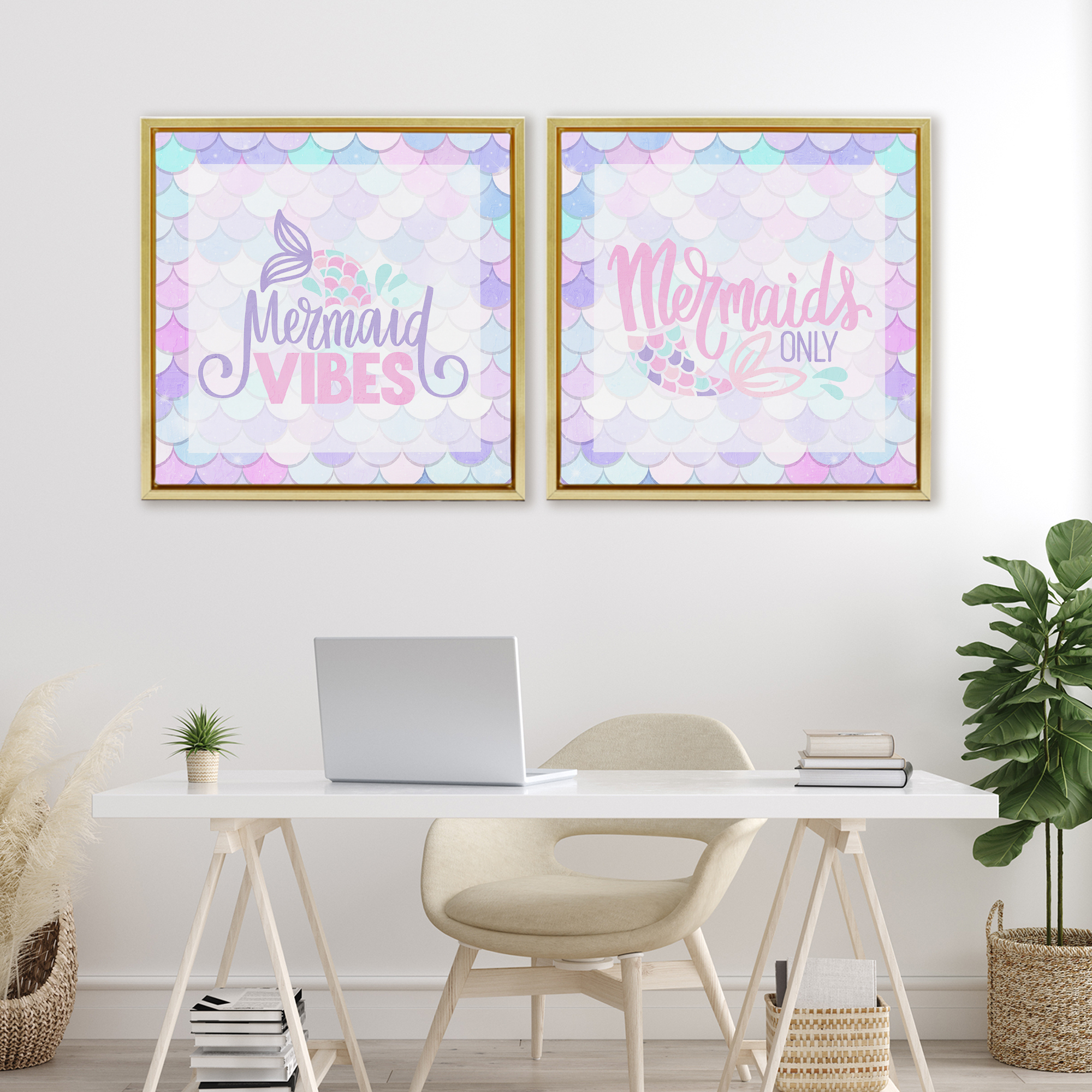 Dreamy Mermaid Phrases with Scales 2 Piece Gold Framed Floater Canvas Set, design by Kim Allen