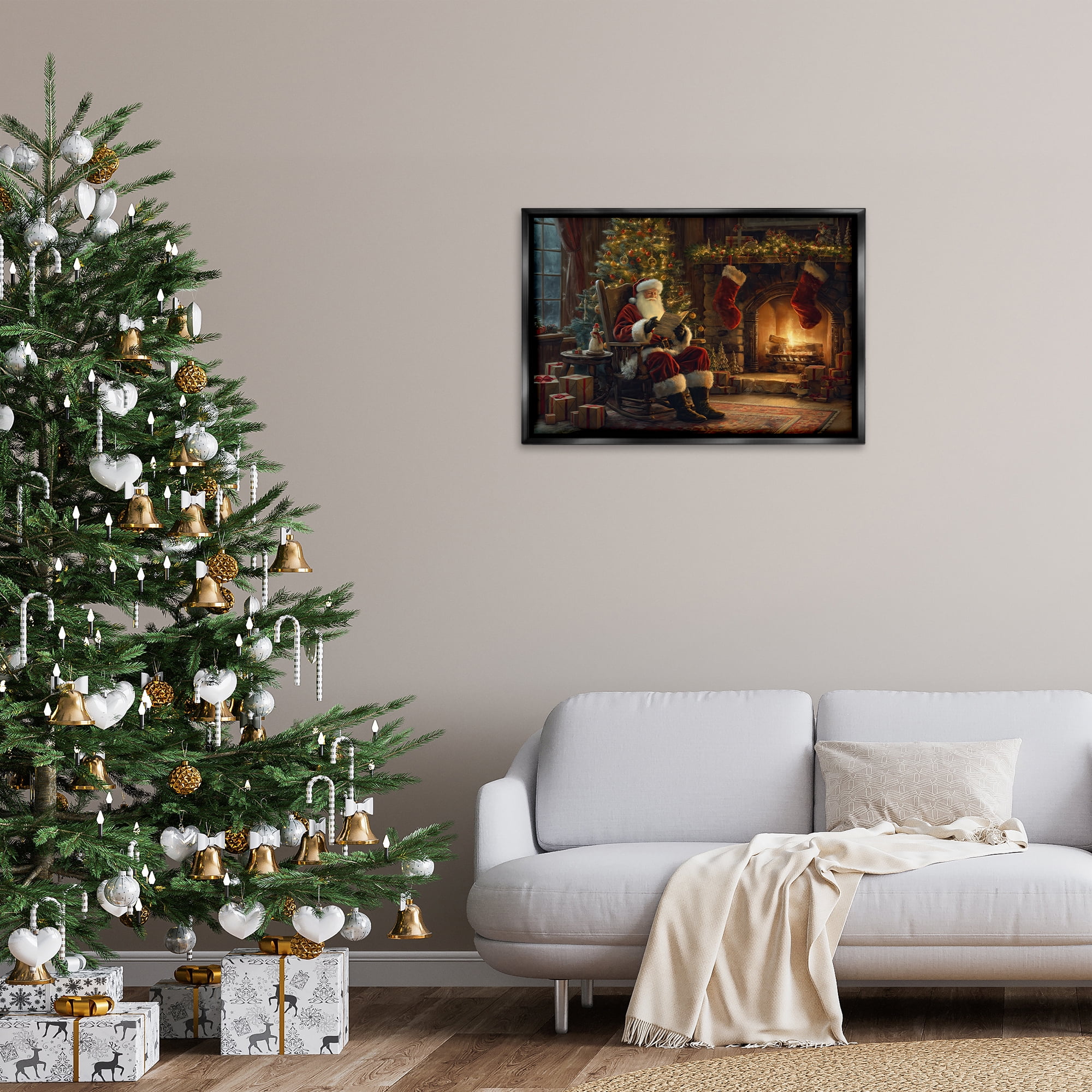 Stupell Industries Santa Claus by Fire Holiday Painting Black Floater Framed Canvas Art Prints Wall Art, 31 x 21