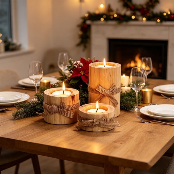 Wooden Candle Holders Set of 3 Rustic, Natural Wood Candlestick Holder for Pillar Candles, Rustic Table Centerpiece for Mantel, Dining Table, and Shelf Decor