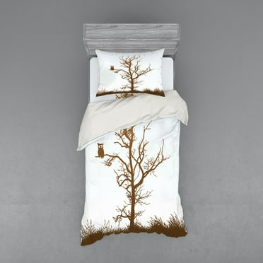 Ambesonne Animal Bedding Set 3 Pcs, Owl Autumn Tree Branch, Twin, Chocolate Pale Blue