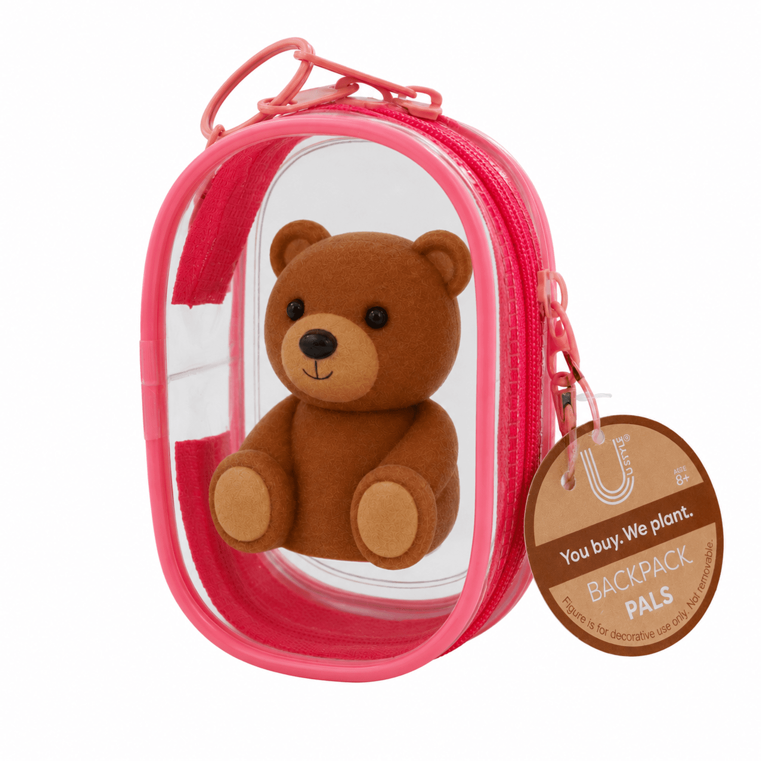 U Style Flocked Figure Trinket Pouch Keychain, Brown Bear, Pink Case