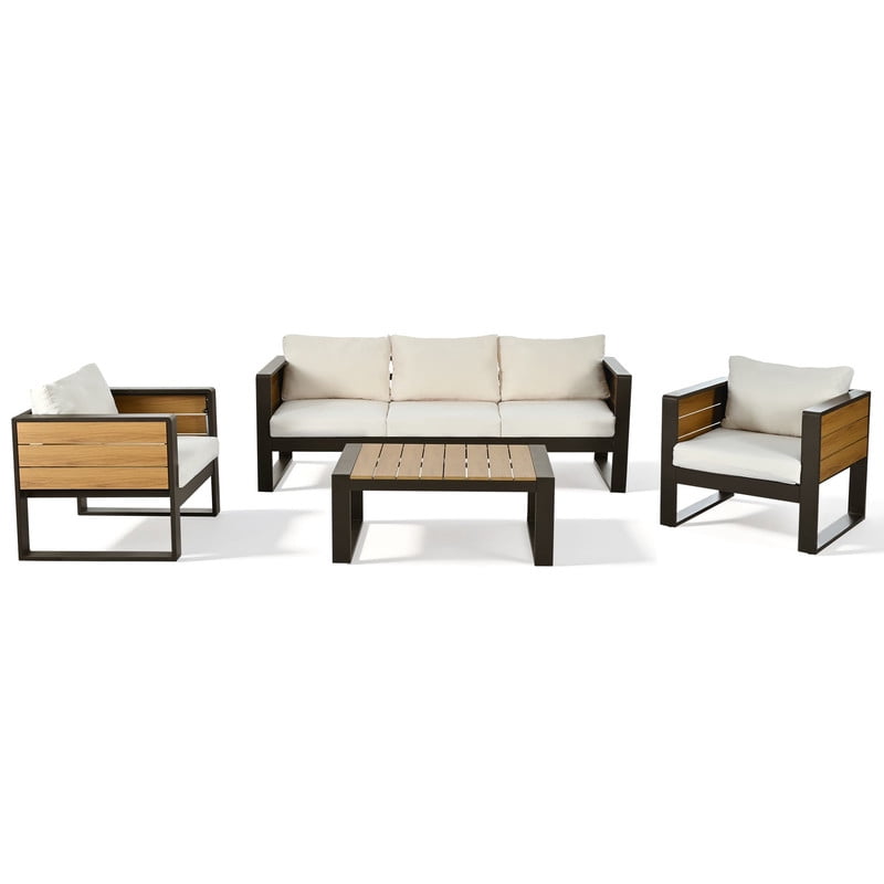 4-Piece Aluminum Outdoor Patio Furniture Set, 5-Person Outdoor Sectional Sofa Set, 3-Seater Sofa, 2 Armchairs with Fold-Out Side Tables