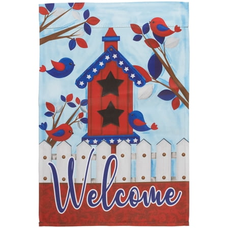 Northlight Patriotic Birds and Birdhouse "Welcome" Outdoor Garden Flag - 18" x 12.5"