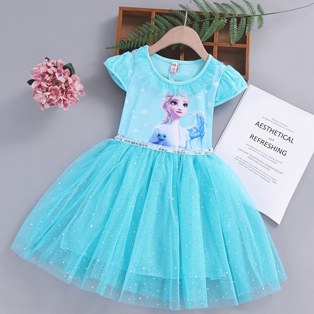 Vestido de princesa de nieve y hielo Aisha, vestido de manga corta para niñas, vestido de verano para niños Aisha, vestido de estilo extranjero, nuevo vestido de cumpleaños de verano 7T Gao Jinjia LED