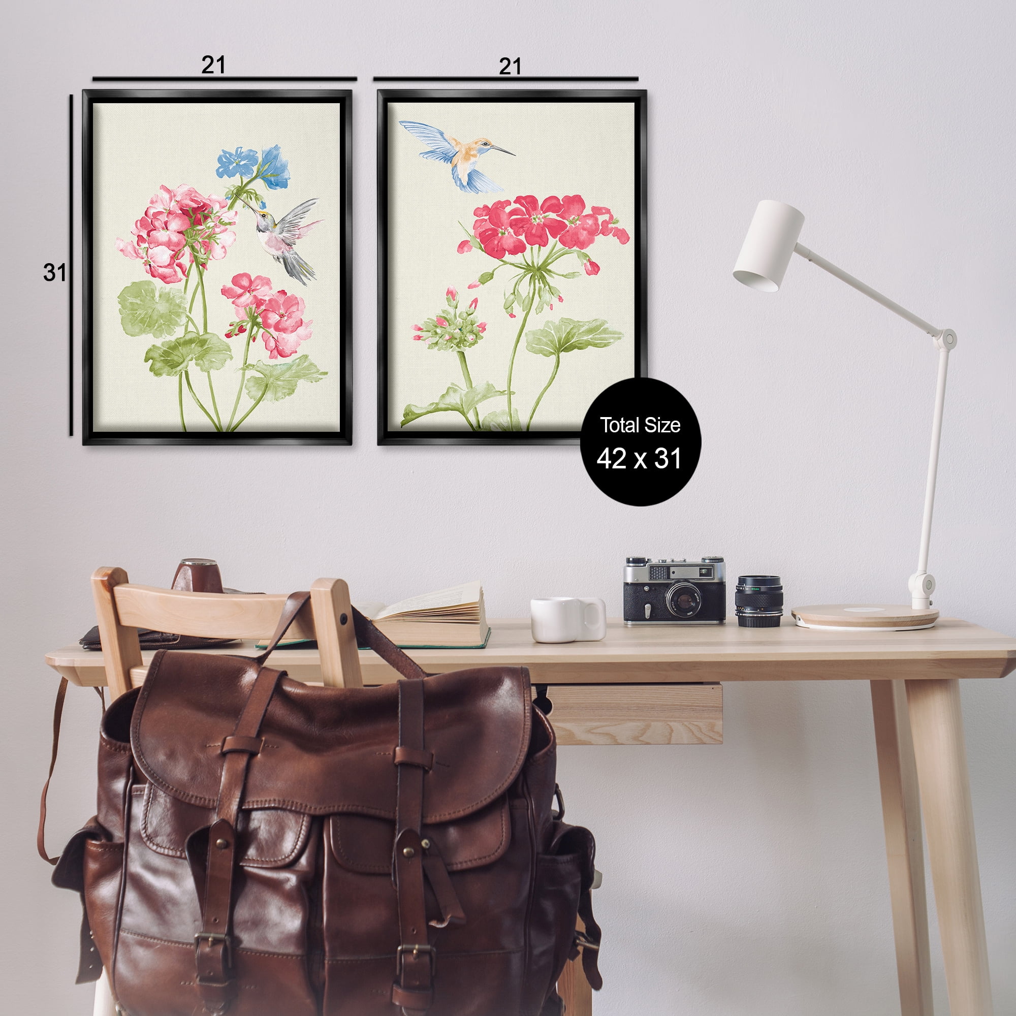 Stupell Industries Pink Geranium Hummingbirds Plants & Flowers Painting Black Floater Framed Canvas Art Print Wall Art, 21 x 31, Set of 2