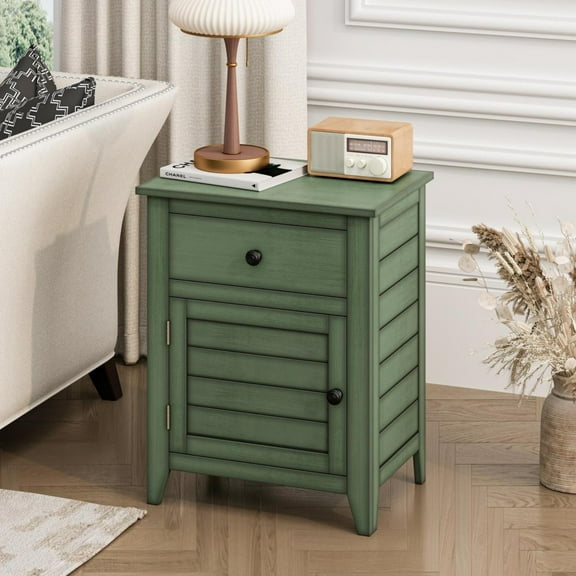 AENKYO Vintage Nightstand with Drawer & Cabinet – Hand-Brushed Side Table for Bedroom, Living Room, Retro Green