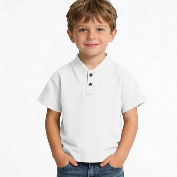 ITSAME Boys T-Shirts, Breathable Cotton Button Down Loose Fit Summer Casual Comfortable Short Sleeve Tees White 5-6T