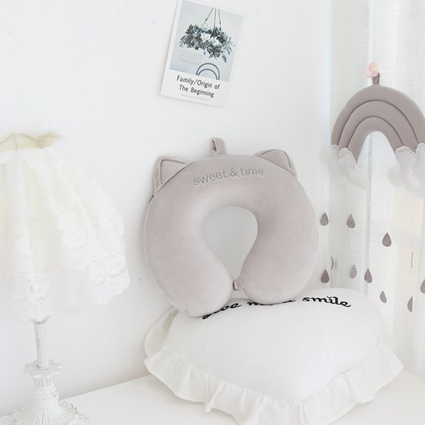Almohada de espuma viscoelástica con forma de U y orejas de gato, almohada de rebote lento para el cuello del automóvil, almohada de viaje para avión