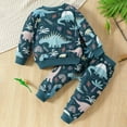 thumbnail image 5 of Povozer Toddler Baby Boy Clothing Sets Dinosaur Printed Long Sleeve Tops Pants(Blue,0-6M), 5 of 6