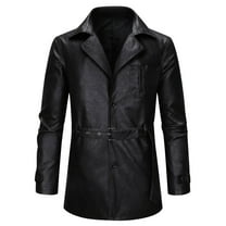 Ugoldhm Men's Faux Leather Trench Coat, Mid-Length Retro Motorcycle Jacket with Waist Belt, S-3XL