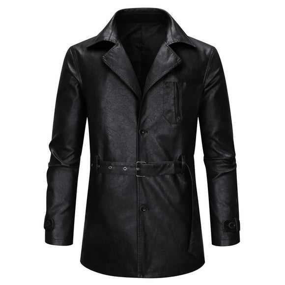 Lovzfmll Men's Faux Leather Trench Coat PU Jacket Notched Lapel Mid-Length Retro Black, M