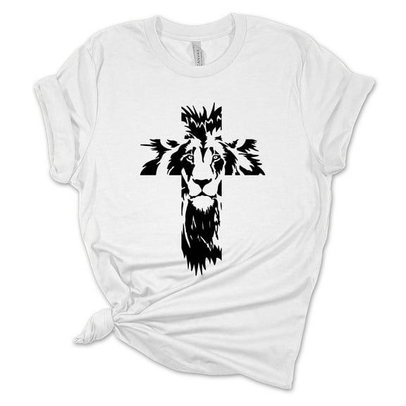 Womens Christian Tshirt The Lion of Judah Cross Jesus Christian Short Sleeve T-shirt Graphic Tee-White-4xl