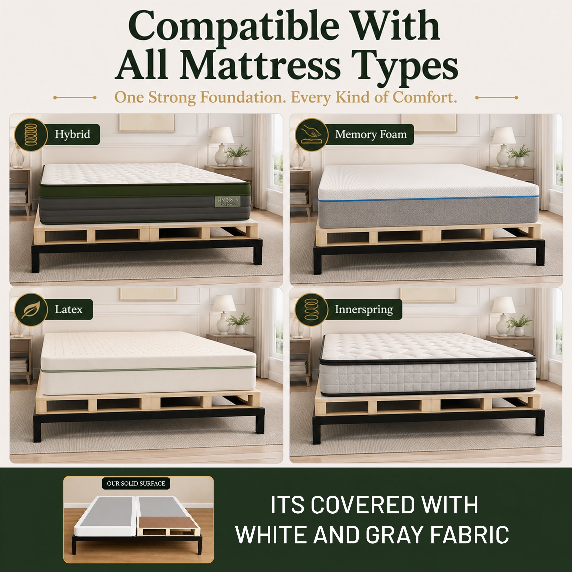 Continental Sleep, 4-Inch Wood Solid Surface Box Spring Bed Base Queen Size, Quiet Noise Free, 2-Pieces Under Mattress-Support Box Spring, Fully Assembled, White