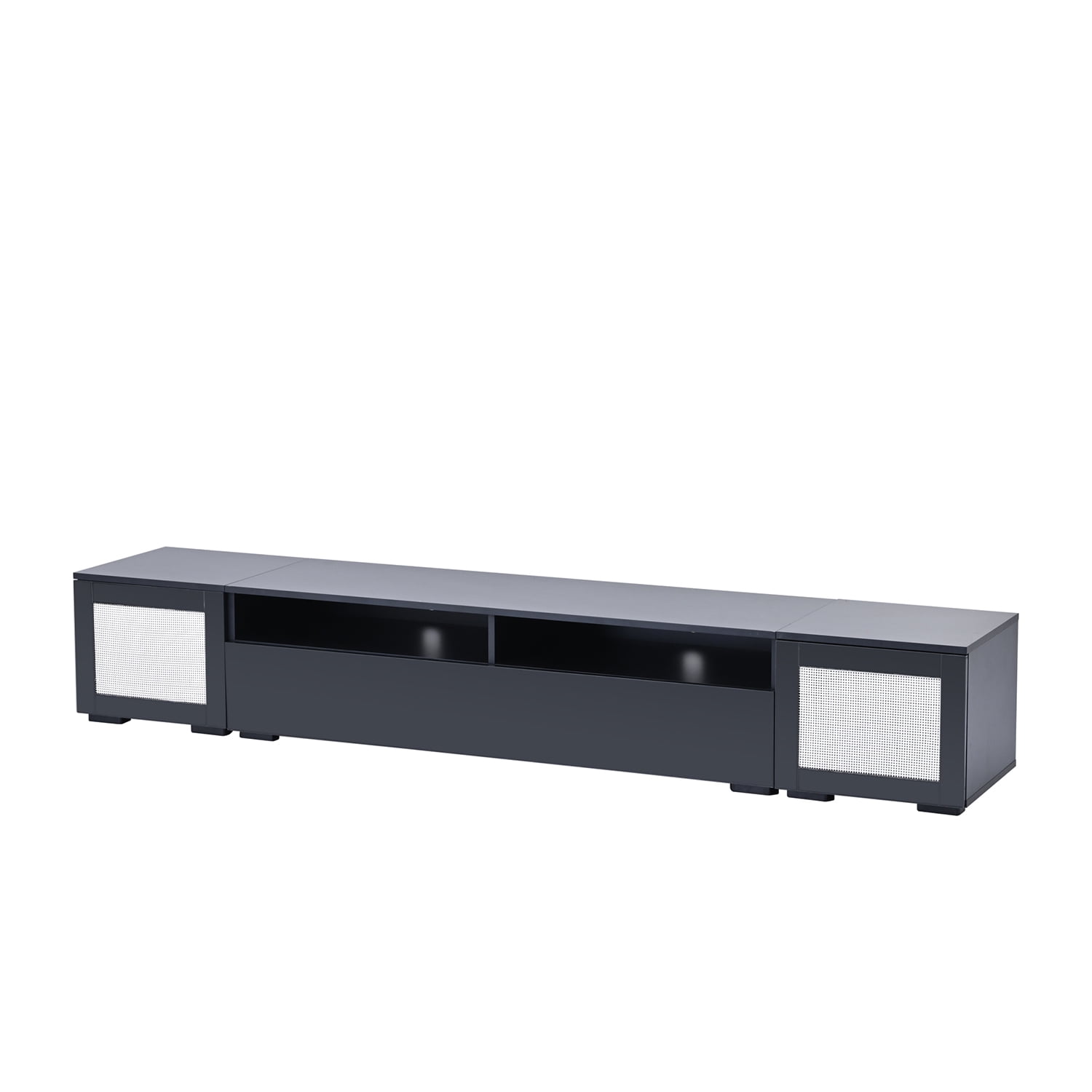 Kadyn Rattan Style Entertainment Cente, Particle Board TV Console Table with Push to Open Doors and Color Changing LED Lights, Modern TV Stand for TVs Up to 90”, Black Kadyn Rattan Style Entertainment Cente, Particle Board TV Console Table with Push to Open Doors and Color Changing LED Lights, Modern TV Stand for TVs Up to 90”, Black